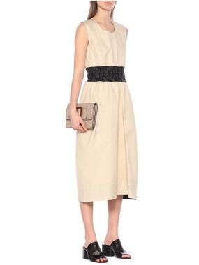 Plan C Luxury Beige Midi Dress Size 42 – Black Cinched Waist – Made in Italy